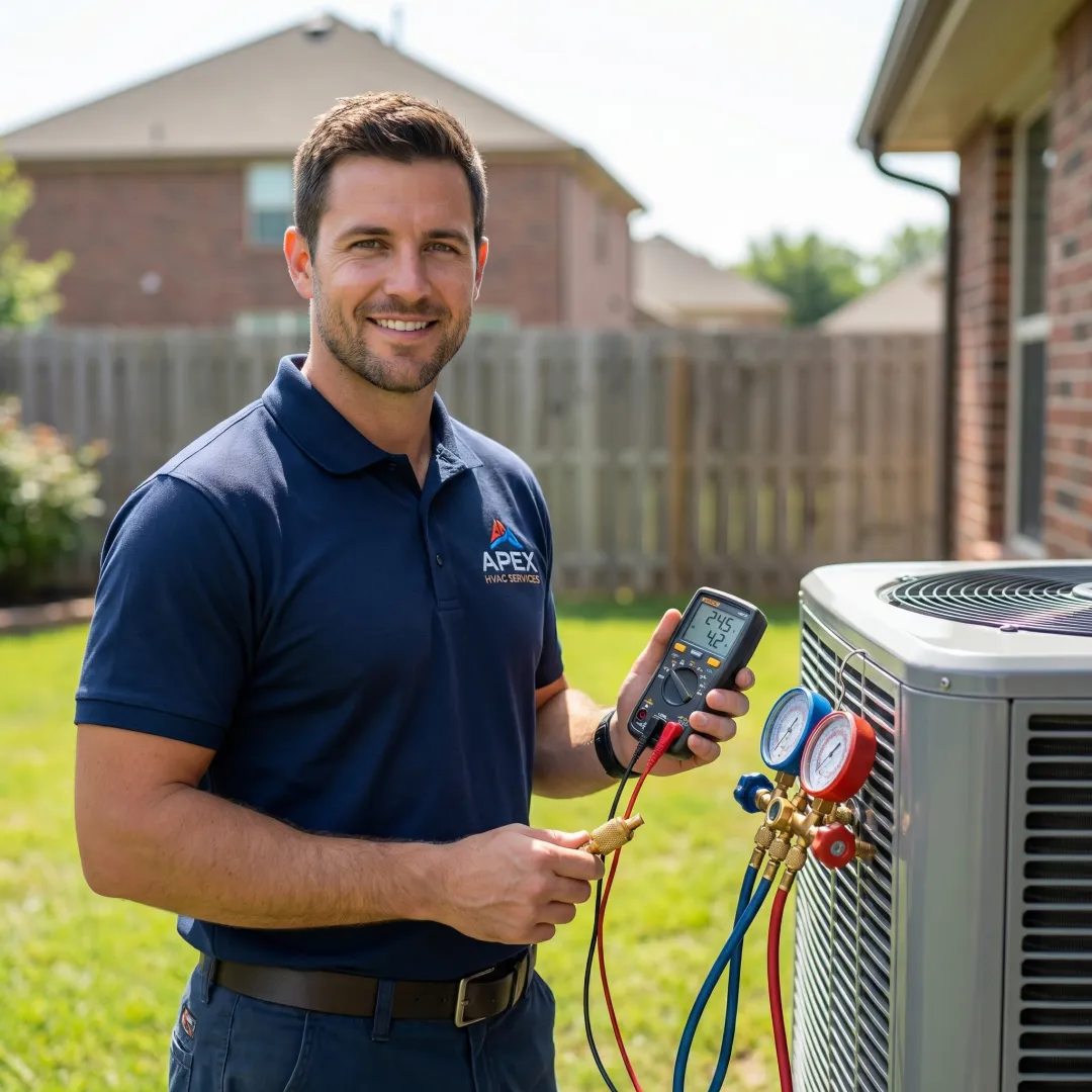 AC technician performing diagnostic testing on air conditioning unit