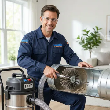 HVAC technician demonstrating duct cleaning process with professional equipment