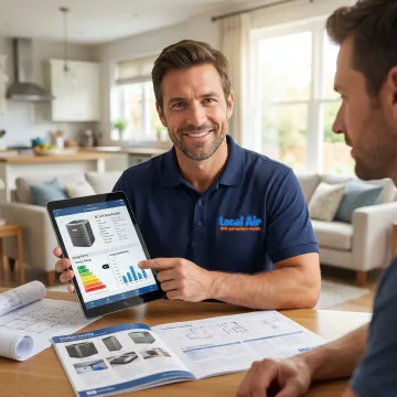 HVAC technician explaining AC system options to homeowner during consultation
