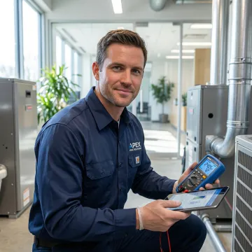 HVAC technician examining commercial air conditioning equipment with diagnostic tools