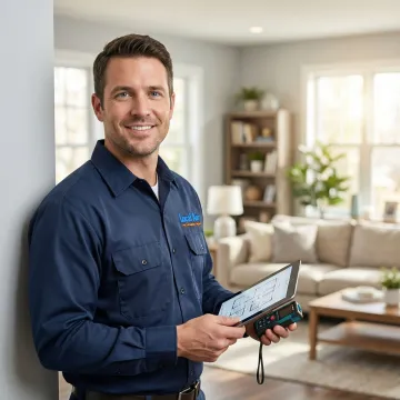 HVAC technician performing load calculation and measuring room dimensions during AC installation consultation