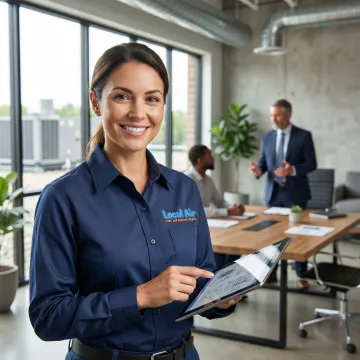 Business owner and HVAC technician reviewing commercial air conditioning system