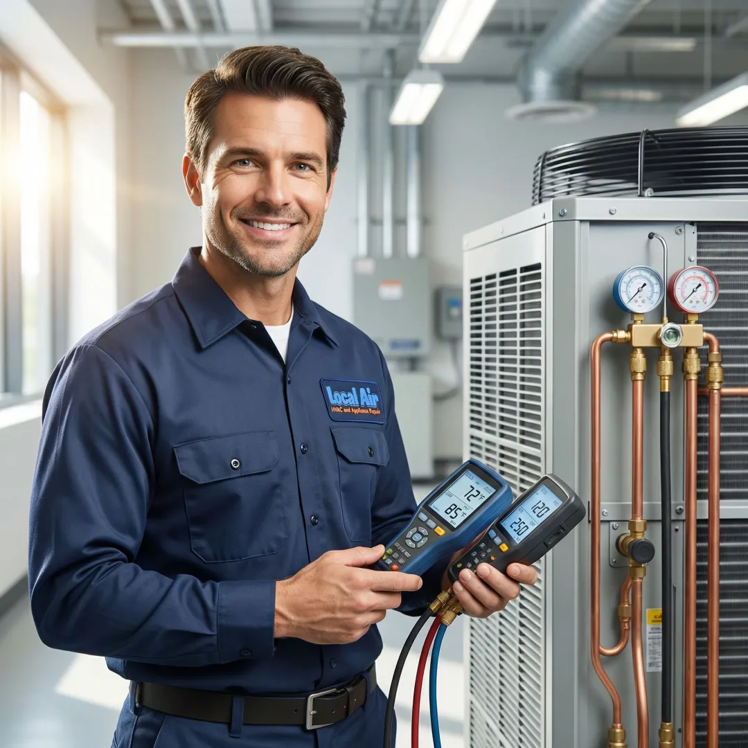 HVAC technician testing commercial air conditioning system performance in Wellington office