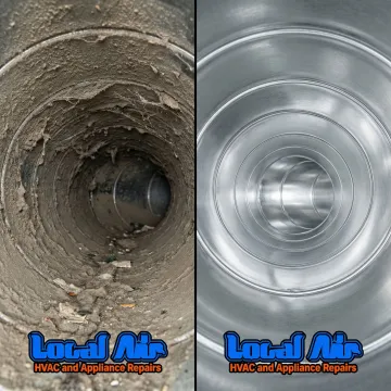 Before and after comparison of cleaned air ducts showing dust removal