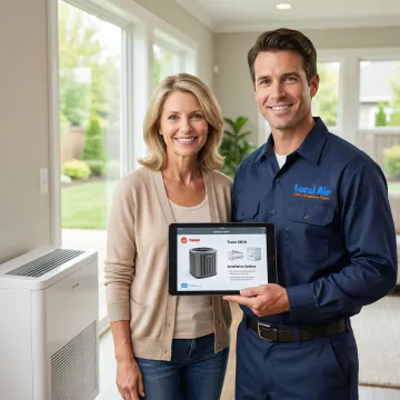 HVAC technician explaining AC system installation process to homeowner