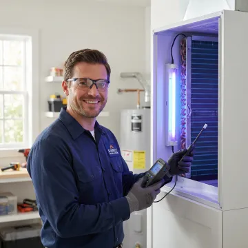 HVAC technician testing newly installed UV light system in air conditioning unit