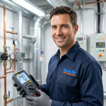 Technician performing detailed inspection of commercial HVAC system components