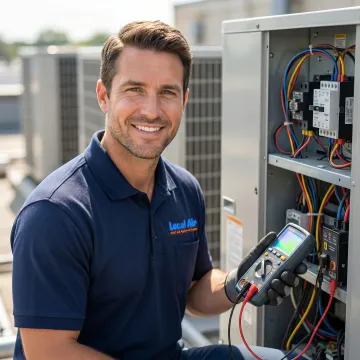 HVAC technician performing diagnostic testing on commercial air conditioning system