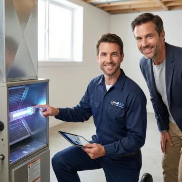 Technician demonstrating UV light system inside HVAC unit to homeowner