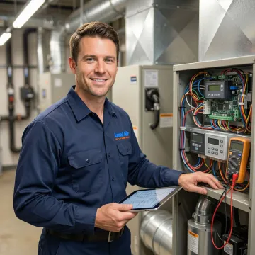 HVAC technician using diagnostic tools on commercial air conditioning system