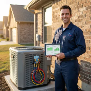 HVAC technician using diagnostic tools to test newly installed air conditioning system