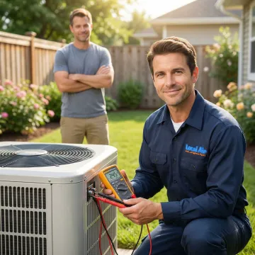 AC technician performing diagnostic testing on residential cooling system