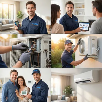 Step-by-step AC installation process showing technician work stages