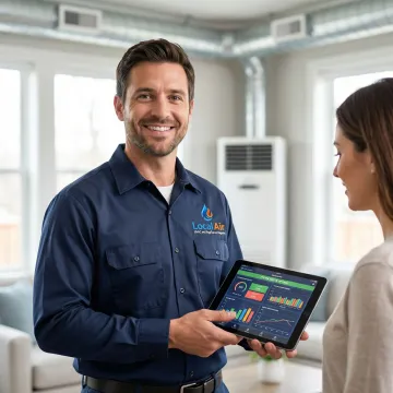 HVAC technician explaining air conditioning repair to homeowner