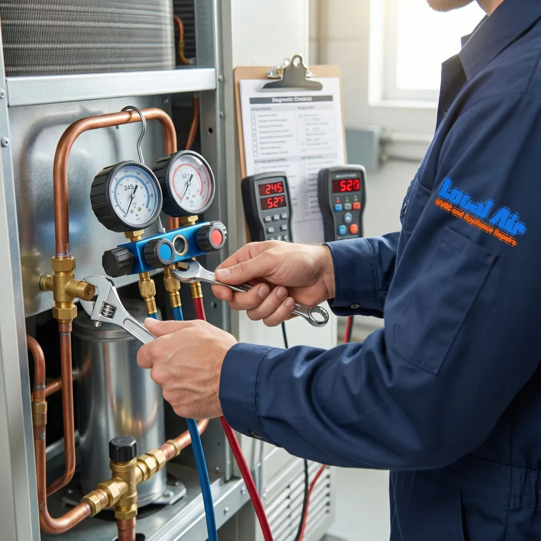 Technician performing detailed inspection and maintenance on commercial HVAC system components