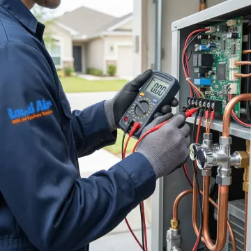 HVAC technician performing air conditioning maintenance and inspection