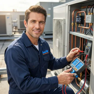 Technician performing detailed commercial AC maintenance inspection with diagnostic tools