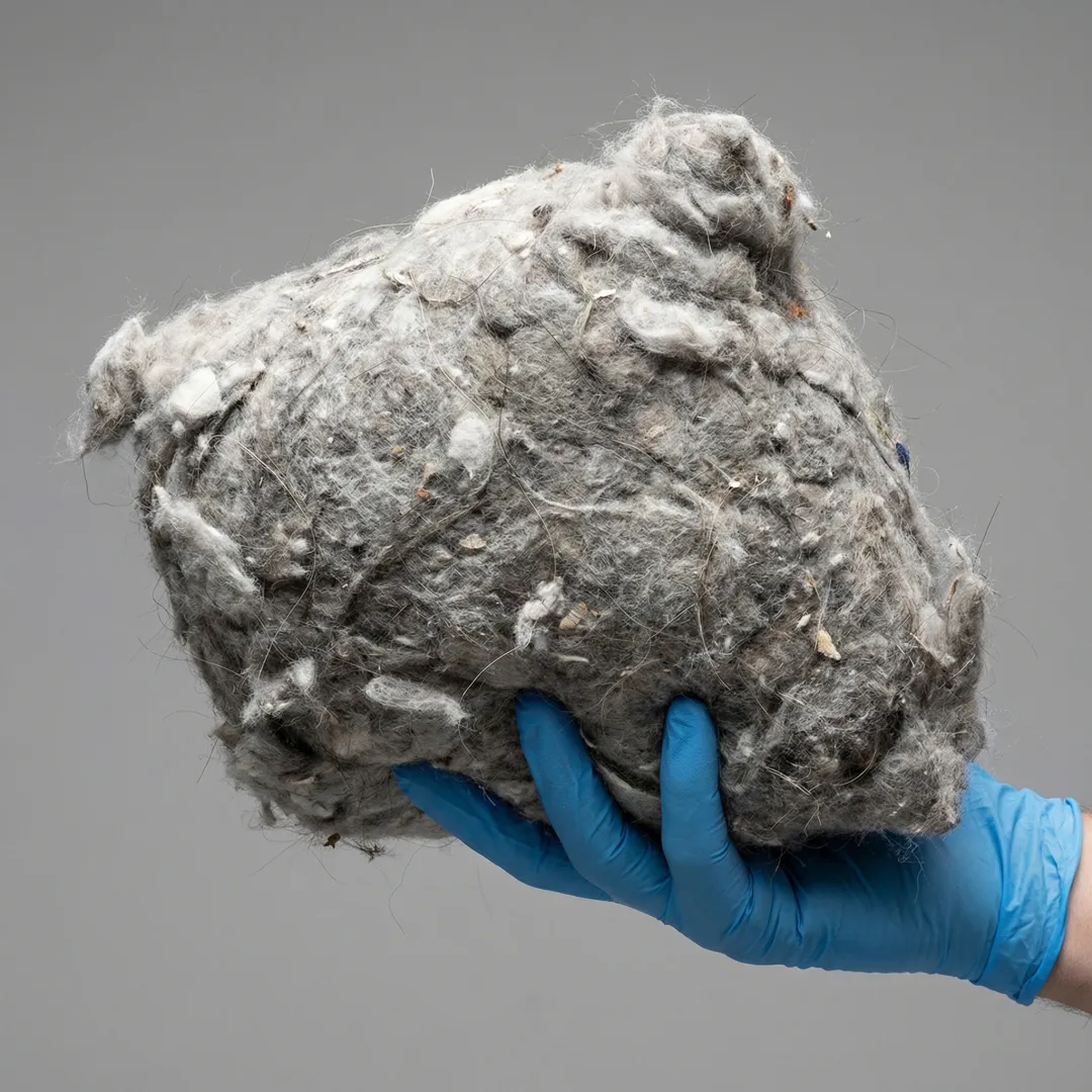Close-up of dangerous lint buildup being removed from dryer vent system