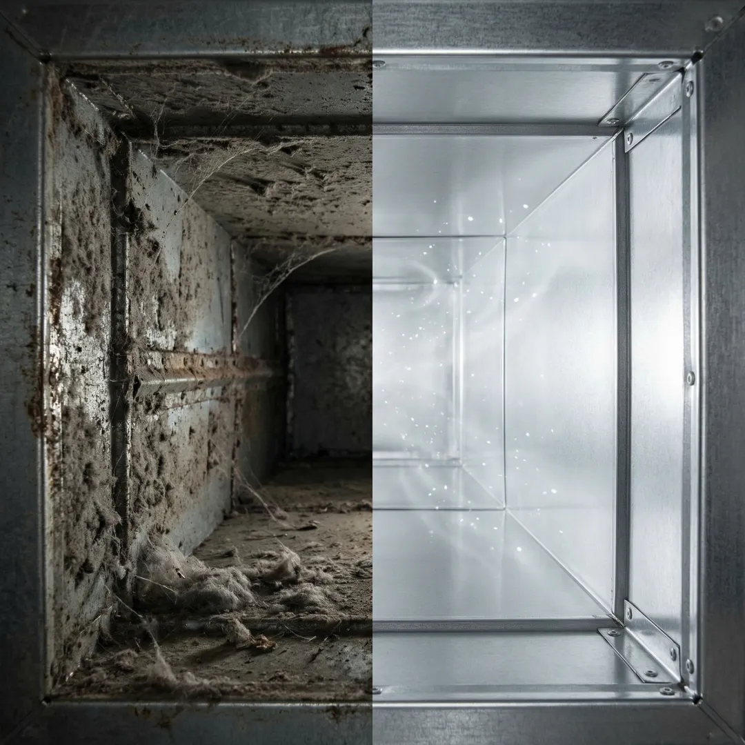 Before and after comparison of cleaned air ducts showing improved airflow
