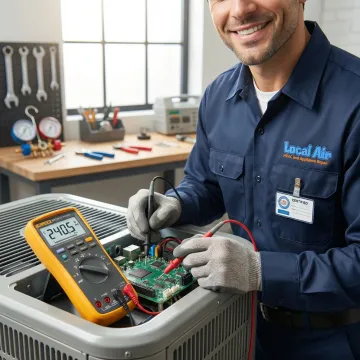 HVAC technician examining air conditioning system components with diagnostic equipment