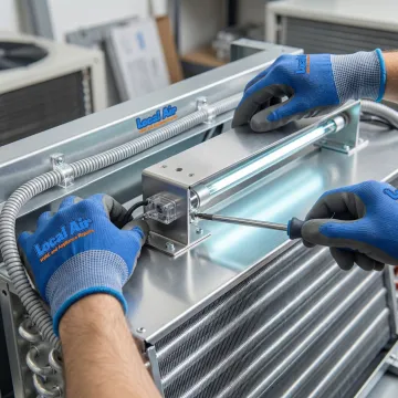 HVAC technician securing UV light above evaporator coils in air handler