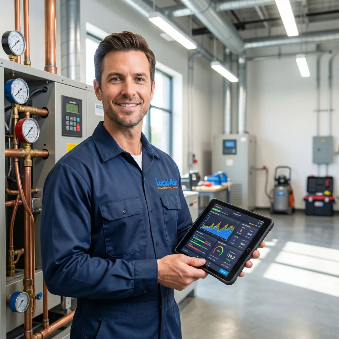 HVAC technician testing commercial air conditioning system performance in business facility