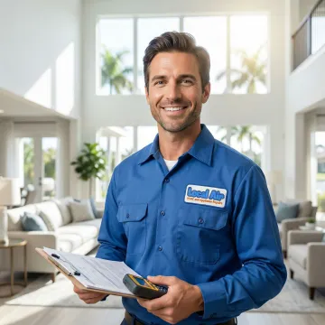 HVAC technician performing load calculation and system assessment in Delray Beach home