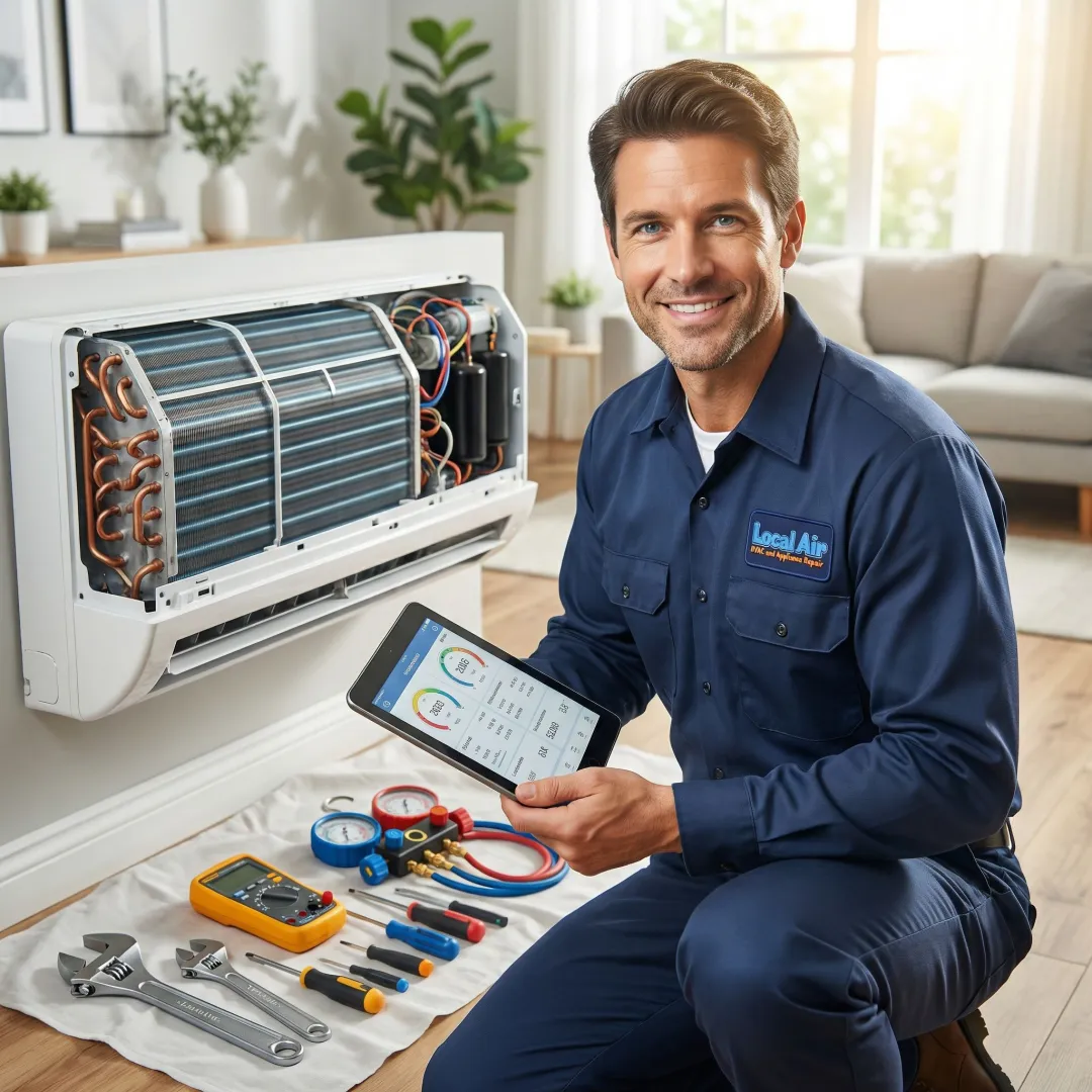 HVAC technician performing diagnostic check on residential air conditioner