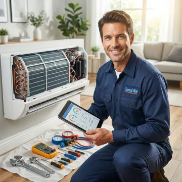 HVAC technician performing diagnostic check on residential air conditioner