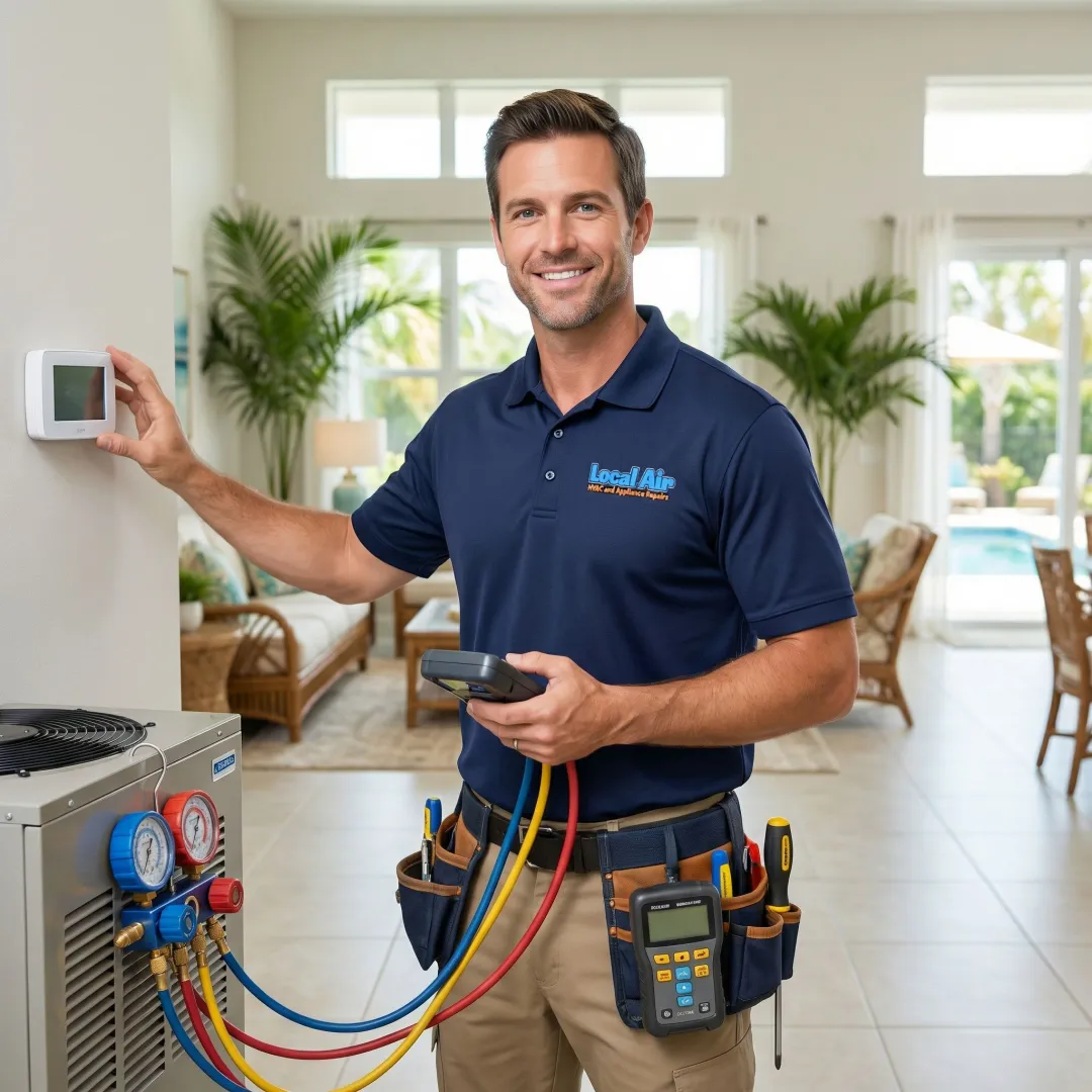 HVAC technician testing a newly installed air conditioning system in a Florida home