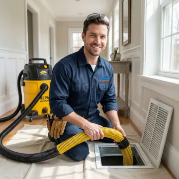 Technician performing professional duct cleaning service in a Westlake home
