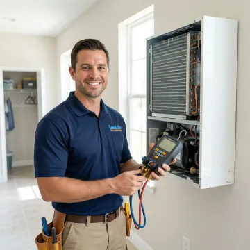 Local Air HVAC technician performing AC maintenance on a residential system in Westlake