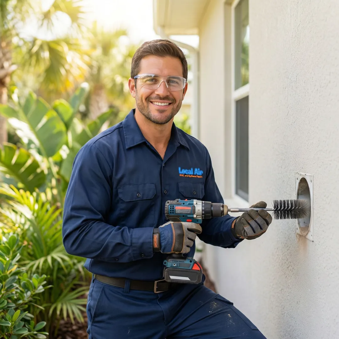 Technician inspecting and cleaning dryer vent system step by step