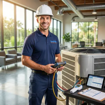 HVAC technician performing a commercial air conditioning inspection inside a Florida business