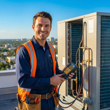 Commercial HVAC technician performing air conditioning maintenance on a rooftop unit in Loxahatchee, FL