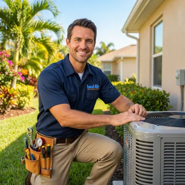 HVAC technician repairing an air conditioning unit at a Greenacres home