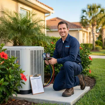 Certified AC technician repairing an air conditioning unit in a Greenacres home