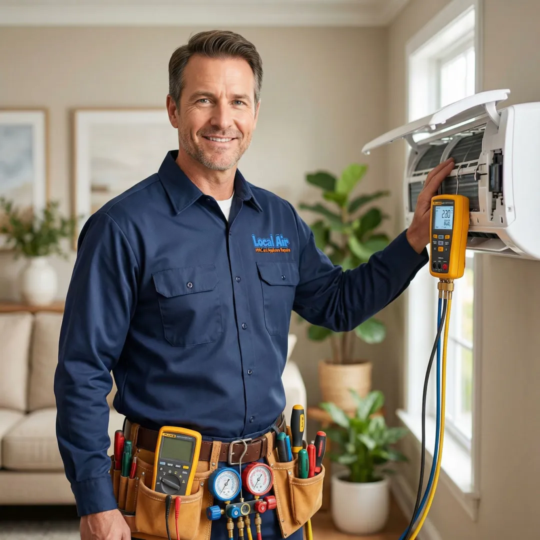 EPA certified AC technician performing same-day air conditioner repair in a Florida home