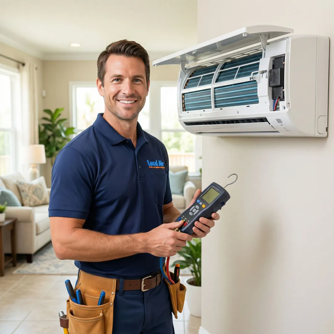 HVAC technician performing air conditioning maintenance inside a Florida home