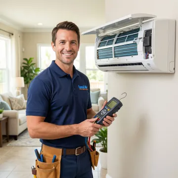 HVAC technician performing air conditioning maintenance inside a Florida home