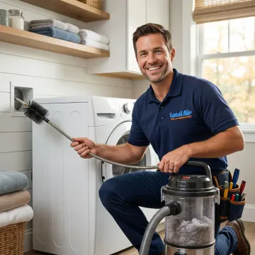 Technician cleaning a residential dryer vent duct in Greenacres, FL