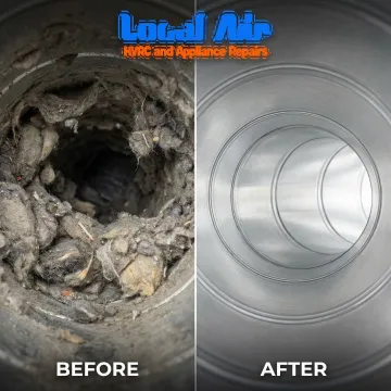 Before and after comparison of a clogged and cleaned dryer vent duct