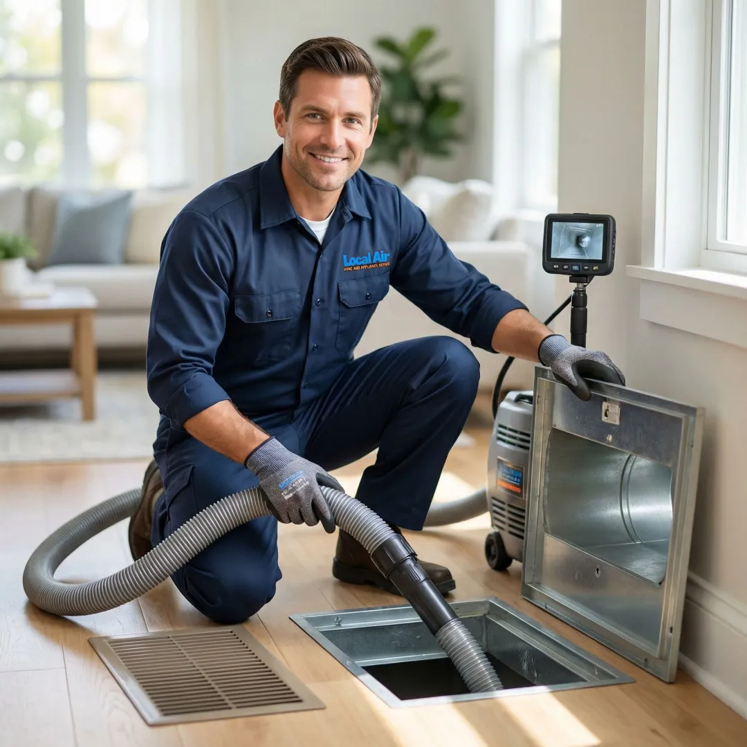 HVAC technician performing professional duct cleaning with industrial vacuum in Florida home