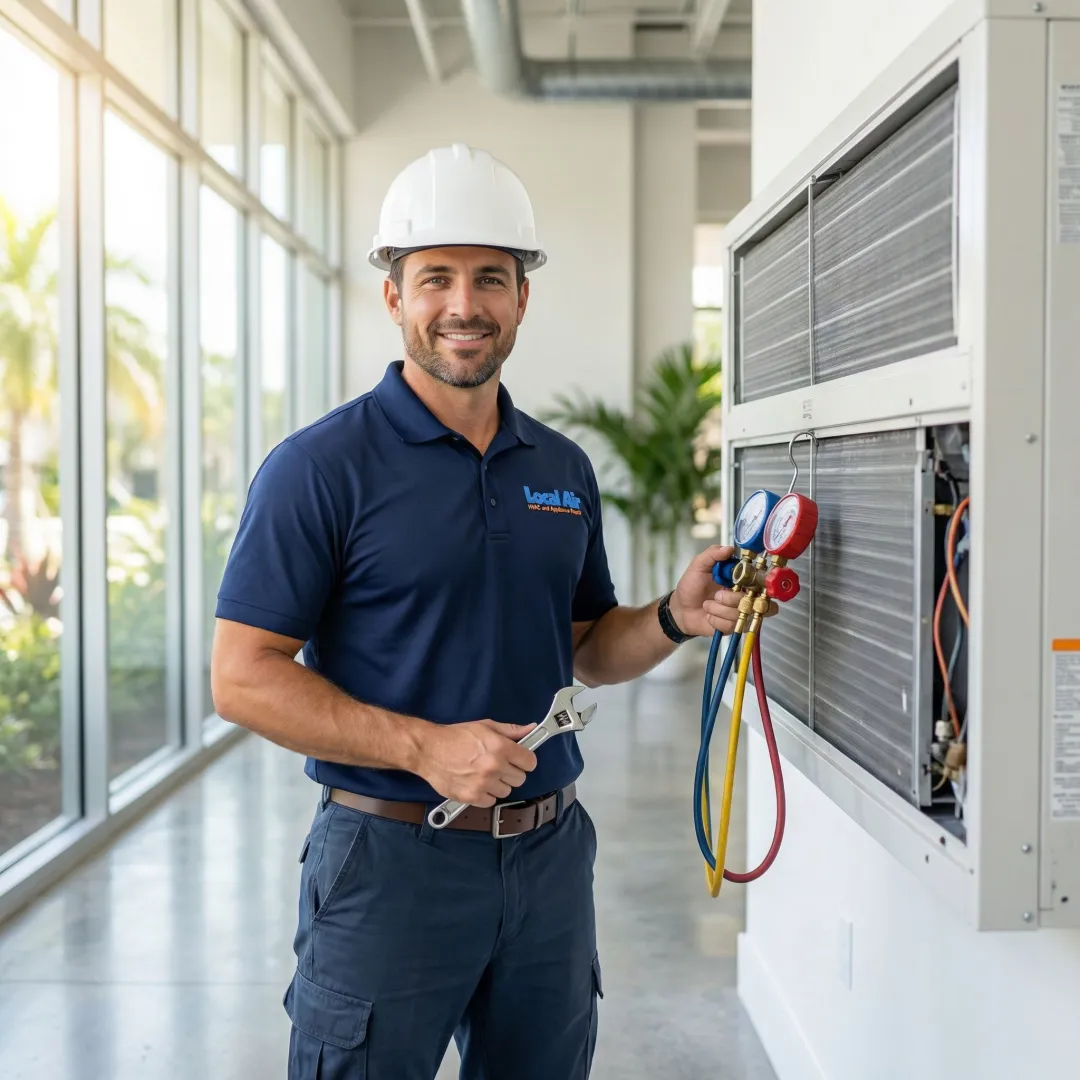 HVAC technician servicing a commercial air conditioning system inside a business facility in Florida