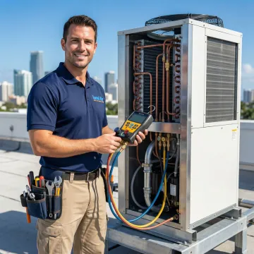 Commercial HVAC technician performing air conditioning maintenance on a rooftop unit in Greenacres, FL