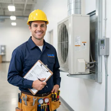 HVAC technician completing a step-by-step commercial AC maintenance checklist on a commercial unit