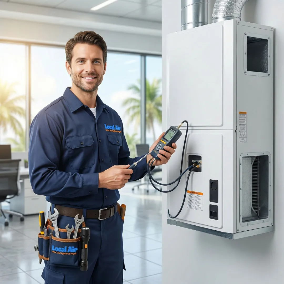 HVAC technician servicing a commercial air conditioning system inside a business in Westlake, Florida