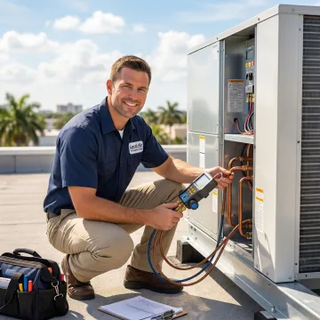 Commercial HVAC technician repairing a rooftop air conditioning unit at a business in Westlake, Florida