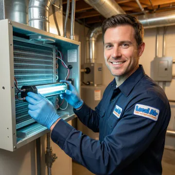 HVAC technician installing a UV sanitizing light inside an air conditioning unit in Greenacres, FL