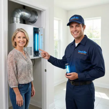 HVAC technician walking a homeowner through the UV light installation process in their Florida home